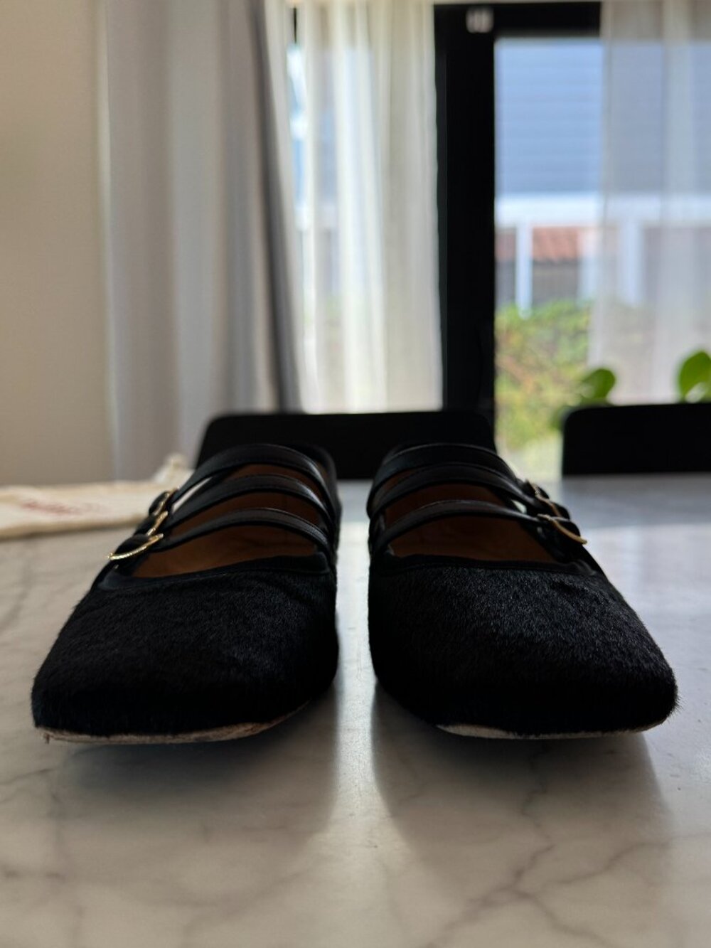 Mansur Gavriel Black Calf Hair Triple Strap Mary Jane Flats Size 8 / 38 - Picture 7 of 11
